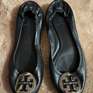 Tory Burch Black Leather Flats with Silver Logo